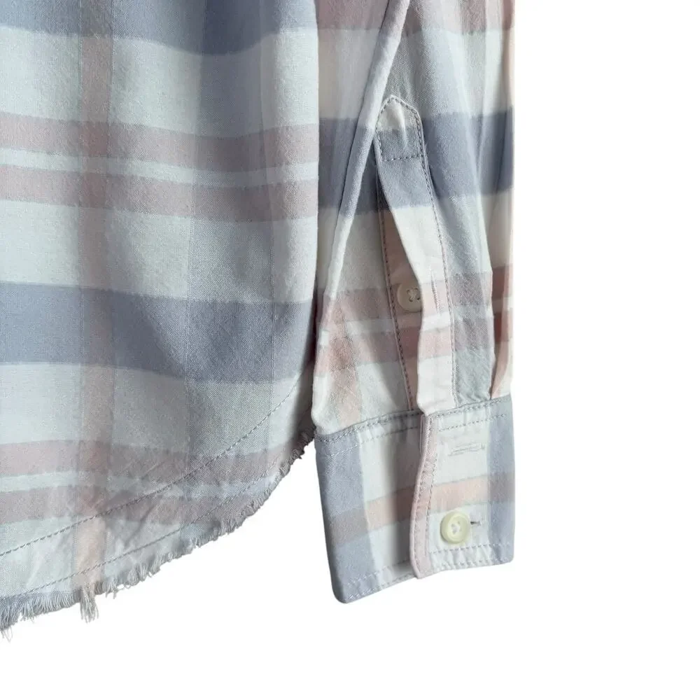 Free People Loveland Plaid Button Down Shirt Top White Pastel Pink Blue, Size XS